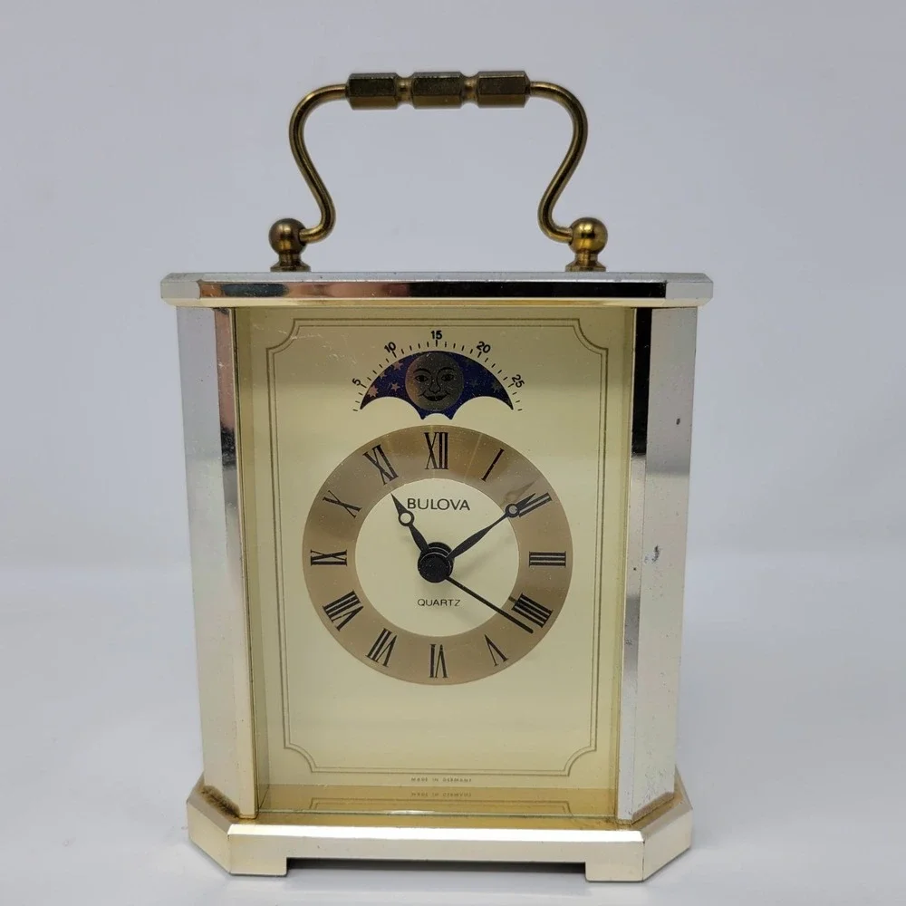Bulova Gold-Tone Quartz Carriage‎ Clock With Moon Phase AS-IS PARTS ONLY